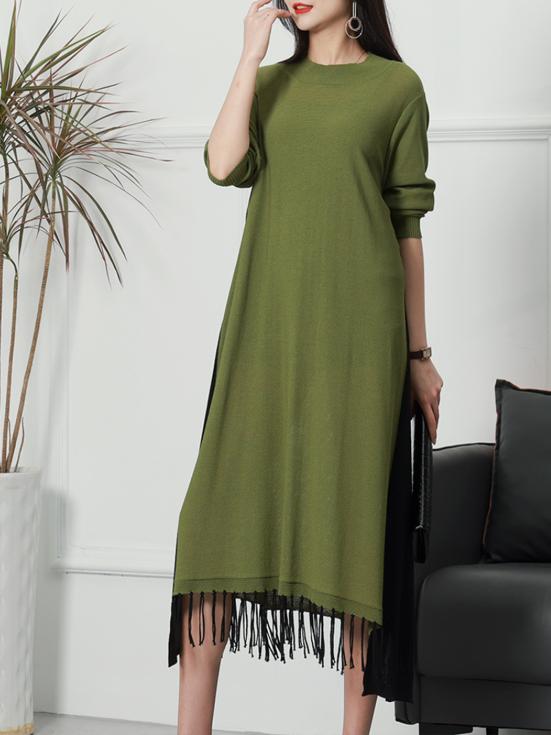 Female Knitted Long Sleeves Round Neck Middle Waist Midi-Dress