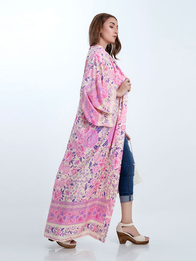 Evatrends cotton gown robe printed kimonos, Outerwear, Cotton, Viscose, Nightwear, Bordered trim, sleeves & bottom, long kimono, Kimono Broad sleeves with armpit opening, loose fitting,  Floral print, Belted