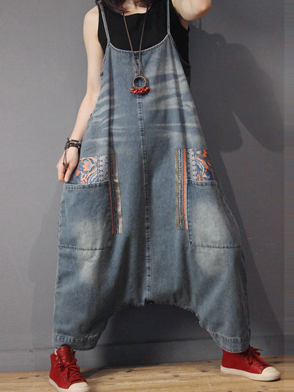 Dungarees cotton denim ripped jeans floral vintage retro style overall