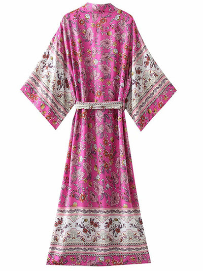Evatrends cotton gown robe printed kimonos, Outerwear, Cotton, Nightwear, long kimono, Five-Point Sleeve, loose fitting, Plant Flower print