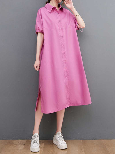 Cotton Collar-Neck Plain Shirt Dress - WHITE, YELLOW, ROSE-RED