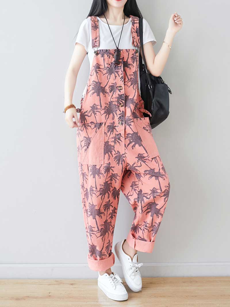 Dungarees cotton denim Printed ,vintage retro style overall, Adjustable straps, double side pockets, comfortable overall