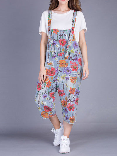 Dungarees cotton denim, cropped pant, floral vintage retro style overall, Floral print