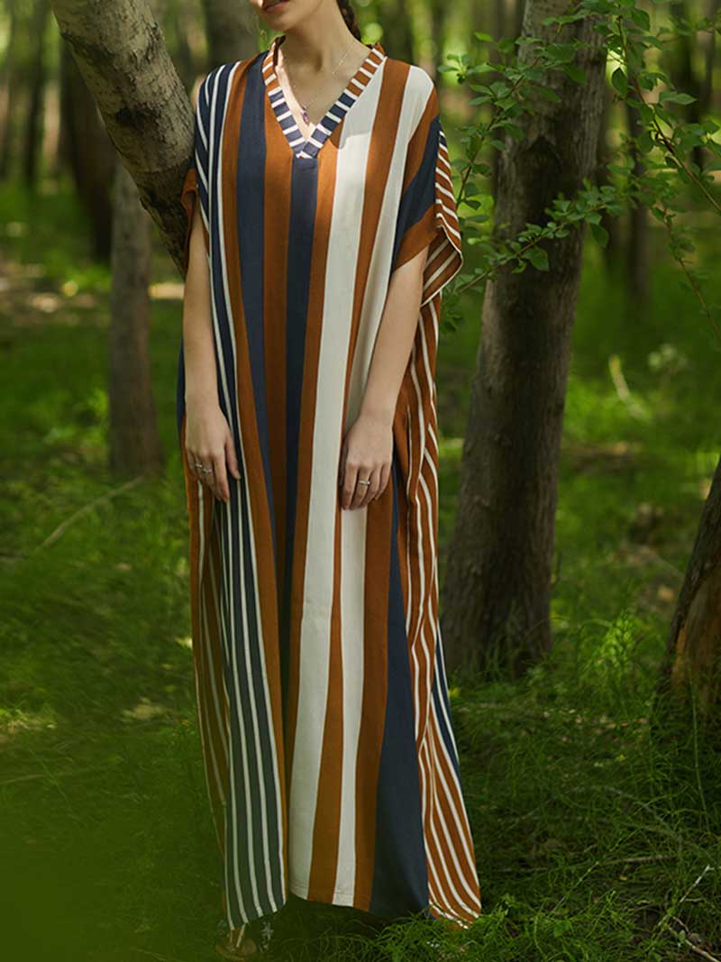 Stripes Print Half Sleeves Kaftan Dress