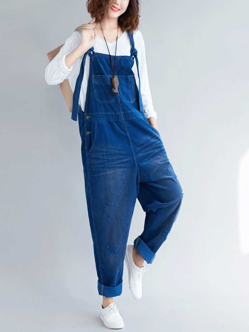 Dungarees cotton denim ripped jeans floral vintage retro style overall