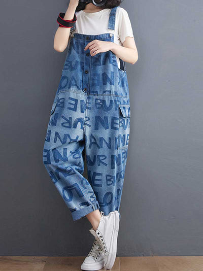 Denim Alphabets Letter Print Overalls Dungaree