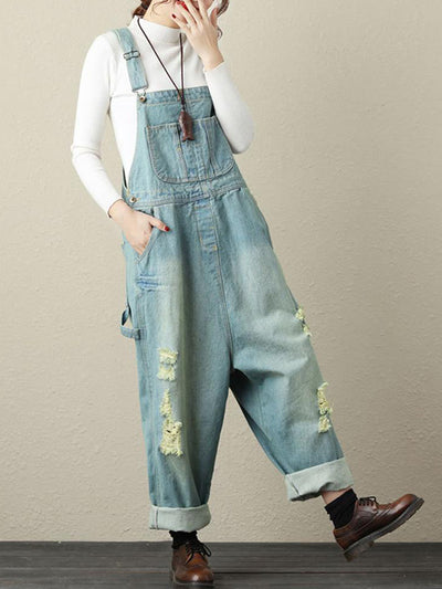 Dungarees cotton denim ripped jeans floral vintage retro style overall