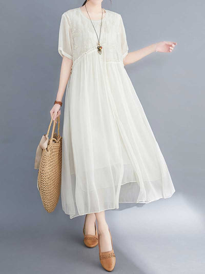 Embroidered Silk A-line Dress