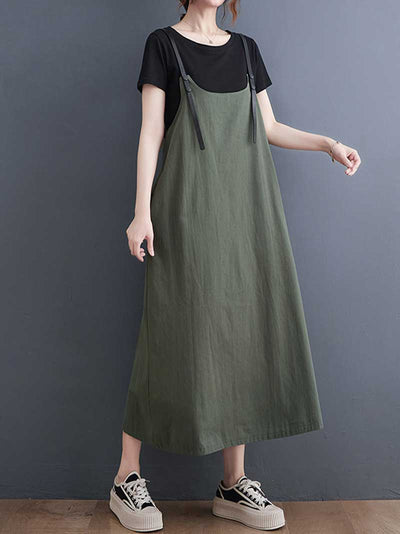 Plain Green and Black Hemp Material Salopette Dress