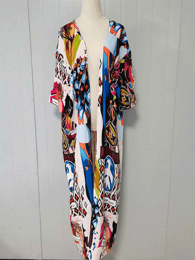 Evatrends cotton gown robe printed kimonos, Outerwear, Polyester, Nightwear, Broad sleeves with armpit opening, long kimono, Board Sleeves, multicolor, loose fitting, Printed, fashion show, kimono