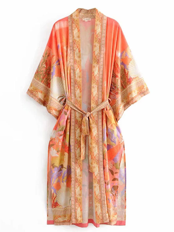 Evatrends cotton gown robe printed kimonos, Outerwear, Cotton, Viscose & Silk Mix , Nightwear, long kimono, Short Sleeves, loose fitting, Floral Print, Belted