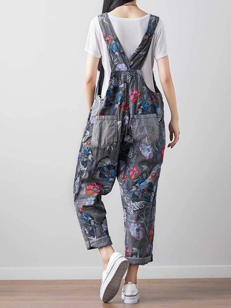 Dungarees cotton denim Printed ,vintage retro style overall, Adjustable straps, double side pockets, comfortable overall, Floral cropped overall