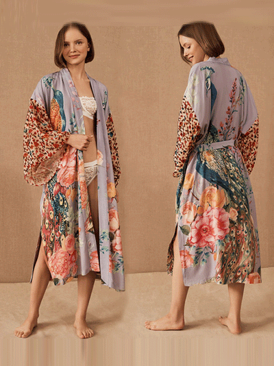 Evatrends cotton gown robe printed kimonos, Party wear, Gown style, Outerwear, Polyester, Nightwear, Long kimono, Board Sleeves, Multicolor, loose fitting, Peacock Print