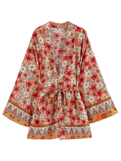 Evatrends cotton gown robe printed kimonos, Outerwear, Cotton, Bridal wear, Short kimono, Board Sleeves, loose fitting, Printed, Floral, Belted, Orange and Black Color