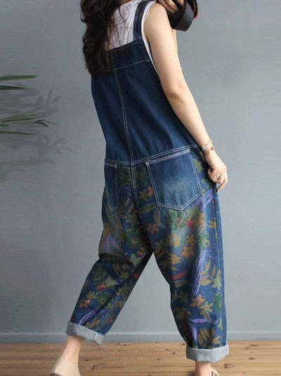 Dungarees, cotton denim, floral print, vintage retro style overall, Front and Back Pockets, Non-Stretchable, Thick, Double Side Pockets, Sleeveless