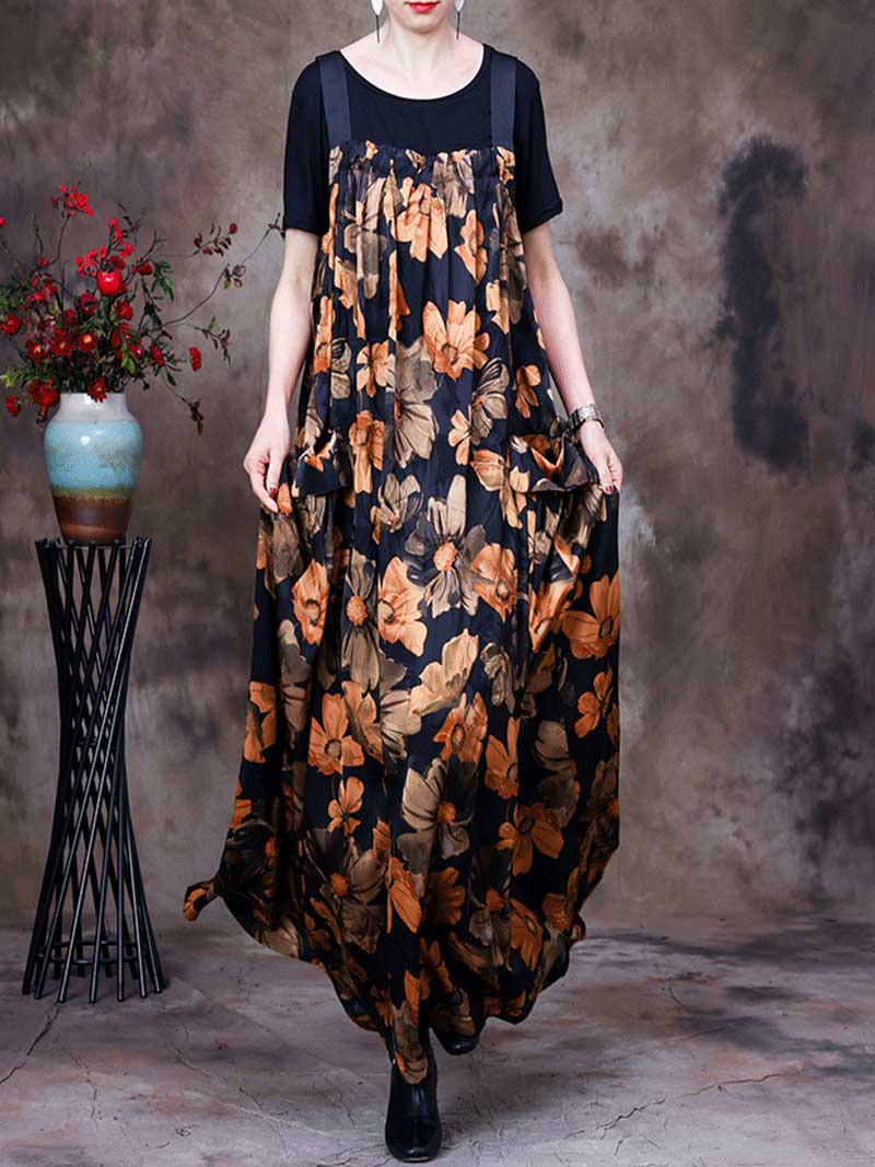 Always Glowing Printed  Pleated Pocket Maxi Salopette Dress