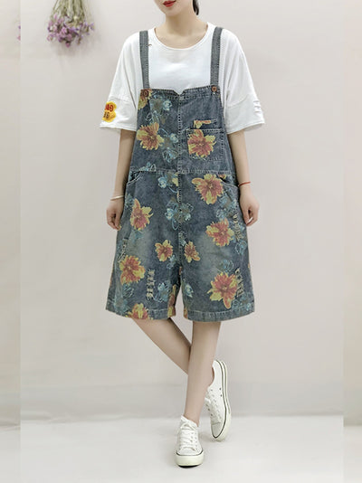 Dungarees cotton denim ripped jeans floral vintage retro style overall