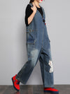 Dungarees cotton denim ripped jeans floral vintage retro style overall