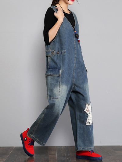 Dungarees cotton denim ripped jeans floral vintage retro style overall