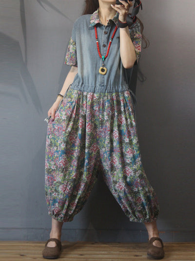 Dungarees, cotton denim, floral, vintage, style overall, Short Sleeves, Front Button, Elasticated Waist & Cuffs, Non-Stretchable