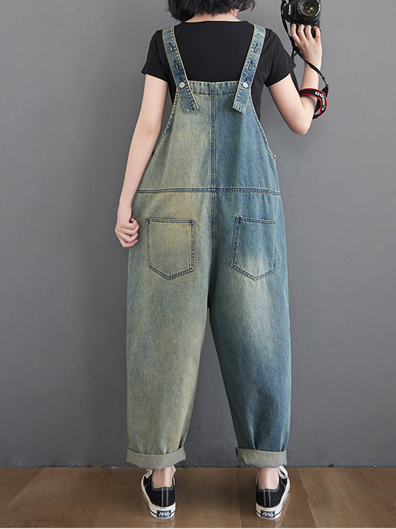 Dungarees cotton denim ripped jeans floral vintage retro style overall