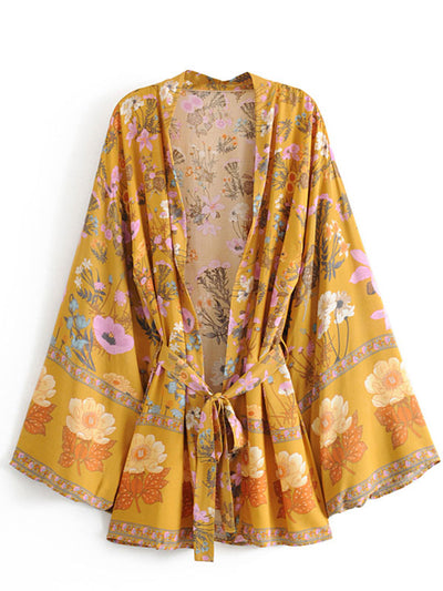 Evatrends cotton gown robe printed kimonos, Outerwear, Cotton, Nightwear, Short kimono, Long sleeves,  Broad Sleeves, Yellow, loose fitting, Printed, Belted, Floral