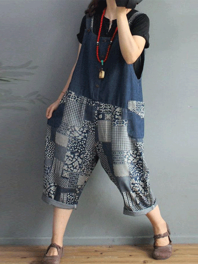 Dungarees cotton denim Cotton, Printed, Short Dungaree, vintage retro style overall, Non-Stretchable