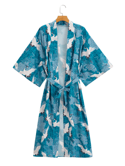 Evatrends cotton gown robe printed kimonos, Outerwear, Polyester, long sleeves, Birds print, Nightwear, long kimono, Board Sleeves, loose fitting, Printed, , belted