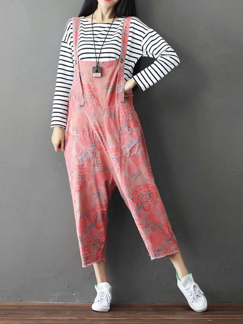 Dungarees cotton denim Printed ,vintage retro style overall, Adjustable straps, double side pockets, comfortable overall, Floral cropped overall