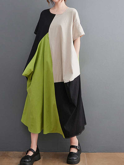 Plain Cotton Short Sleeves A-Line Dress