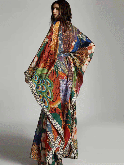 Evatrends cotton gown robe printed kimonos, Outerwear, party wear, Polyester, Nightwear, long kimono, Bat sleeves, long Sleeves, loose fitting, peacock print, Belted