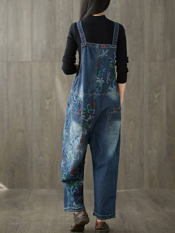 Dungarees cotton denim ripped jeans floral vintage retro style overall