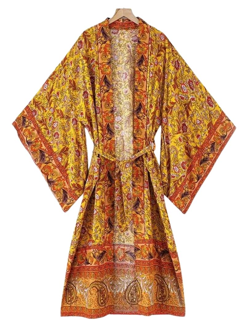 Evatrends cotton gown robe printed kimonos, Outerwear, Cotton, Nightwear, long kimono, Kimono Broad sleeves with armpit opening, loose fitting, Floral Print, Belted