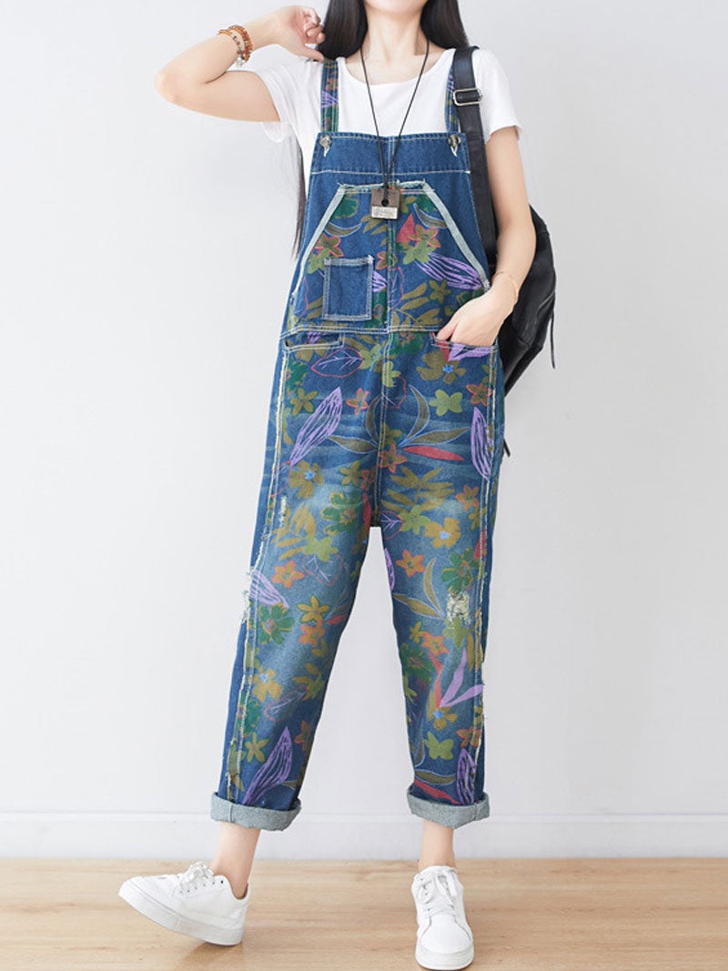 Dungarees cotton denim, floral, vintage retro style overall, Printed