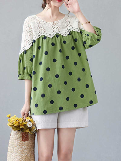 Printed Pola Dot Cotton Shirt Top With Puff Sleeves