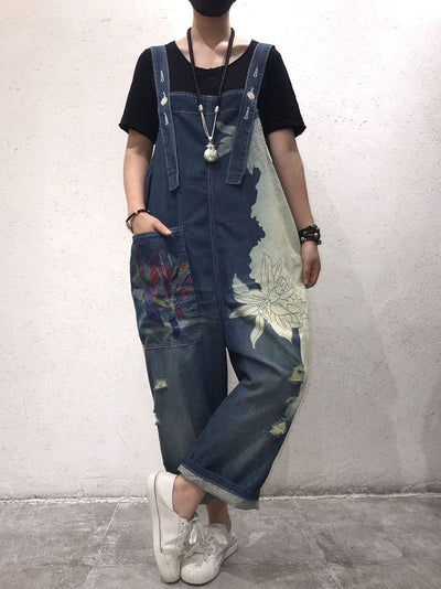 Dungarees cotton denim ripped jeans floral vintage retro style overall