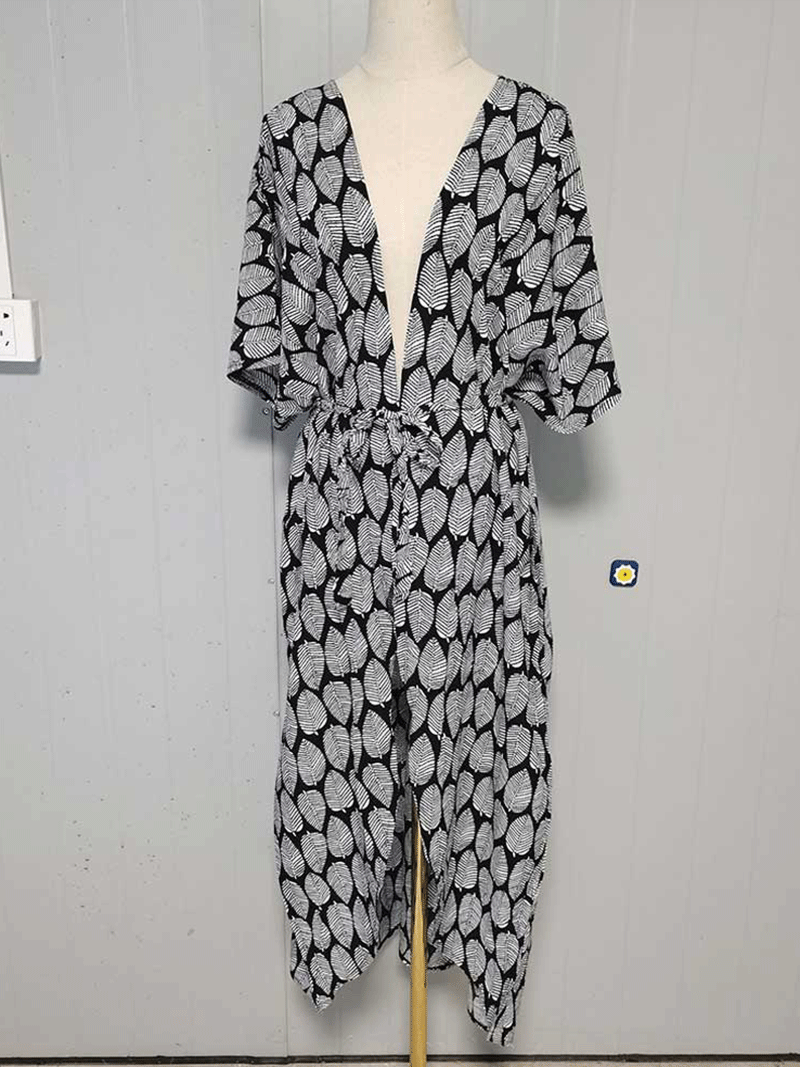 Evatrends cotton gown robe printed kimonos, Outerwear, Polyester, Nightwear, long kimono, Board Sleeves, black, yellow color, loose fitting, printed