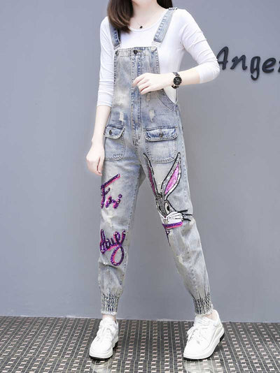 Dungarees cotton denim jeans ,vintage retro style overall, Adjustable straps, Printed. Double side pockets, Cat print