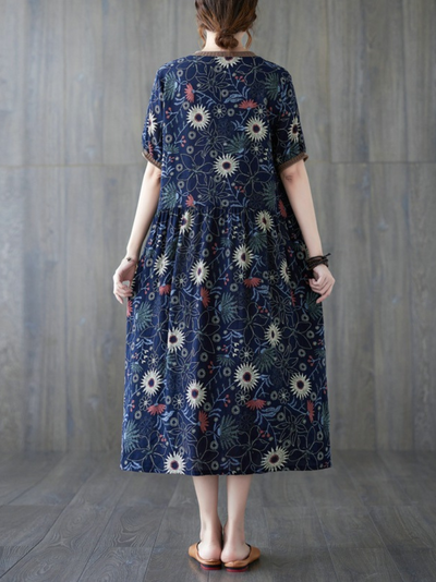 Beautiful summer floral cotton and linen Smock slim dress  Women's Fit