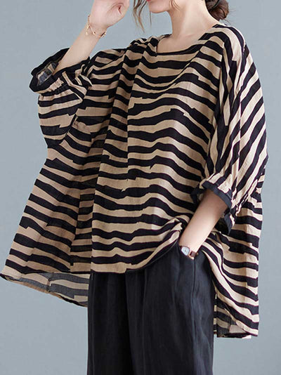 Stripes Print Round-Neck Doll Sleeves Top