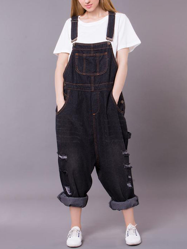 Dungarees, denim ripped , retro style overall, side and back pockets, ripped