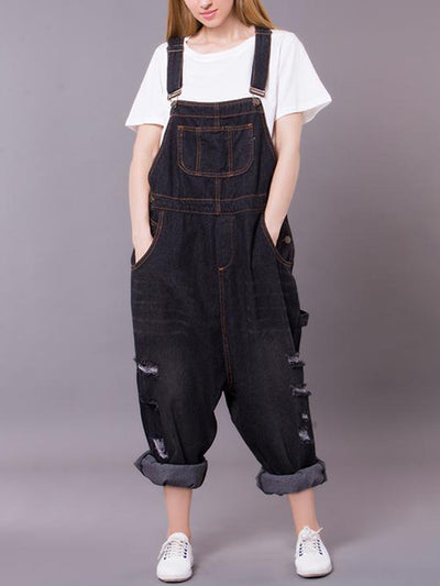 Dungarees, denim ripped , retro style overall, side and back pockets, ripped