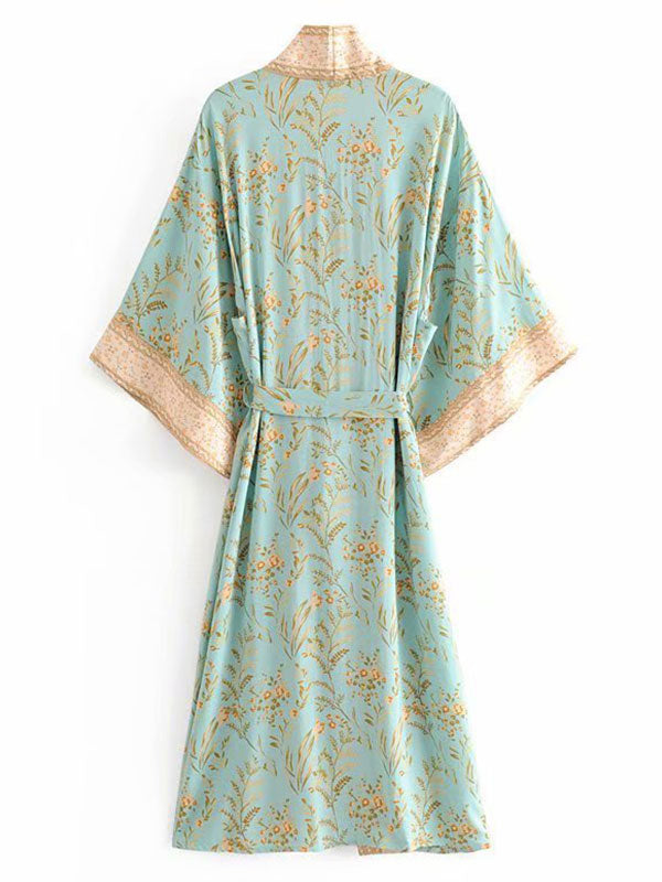 Evatrends cotton gown robe printed kimonos, Outerwear, Cotton, Viscose, Nightwear, Bordered trim, sleeves & bottom, long kimono, Kimono Broad sleeves with armpit opening, loose fitting, Bohemian Floral