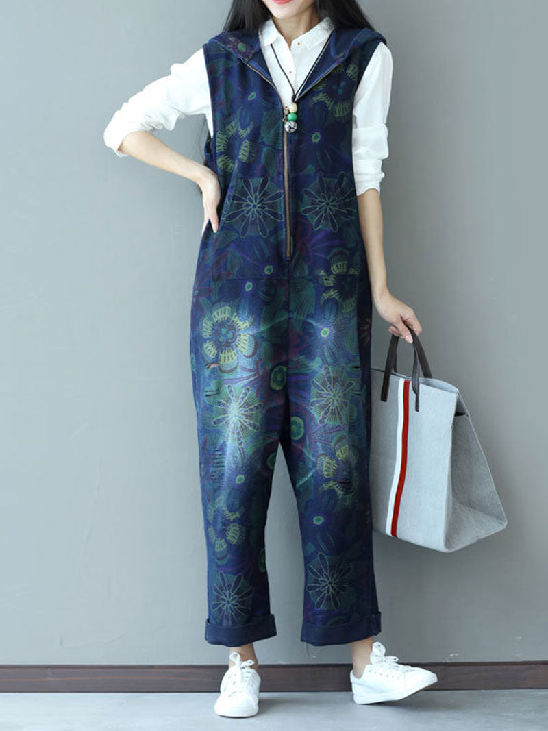 Dungarees cotton denim ripped jeans floral vintage retro style overall