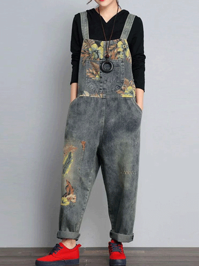 Dungarees cotton denim ripped jeans floral vintage retro style overall