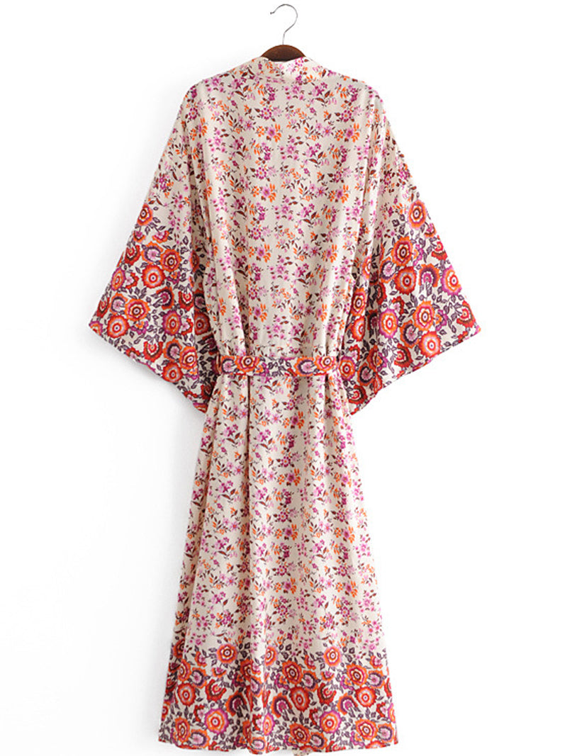 Evatrends cotton gown robe printed kimonos, Outerwear, Cotton, Nightwear, long kimono, long Sleeves, loose fitting, floral print, Belted