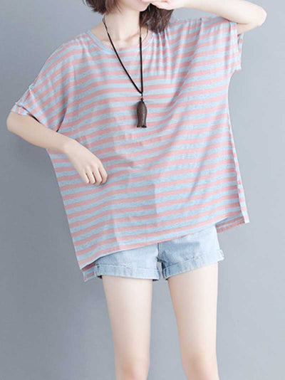 Evatrends Cotton Linen Top, Summer wear, Short sleeves, Stripes top, Round Neck, T-shirt Top, Wear With Jeans pant or Trouser