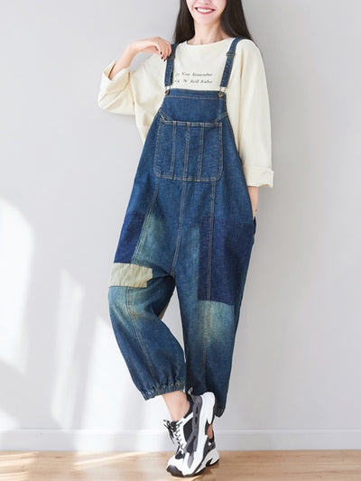 Dungarees cotton denim ripped jeans floral vintage retro style overall