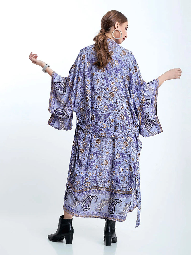Evatrends cotton gown robe printed kimonos, Outerwear, cotton, Nightwear, long kimono, Board Sleeves, loose fitting, Floral Print with birds print, Belted
