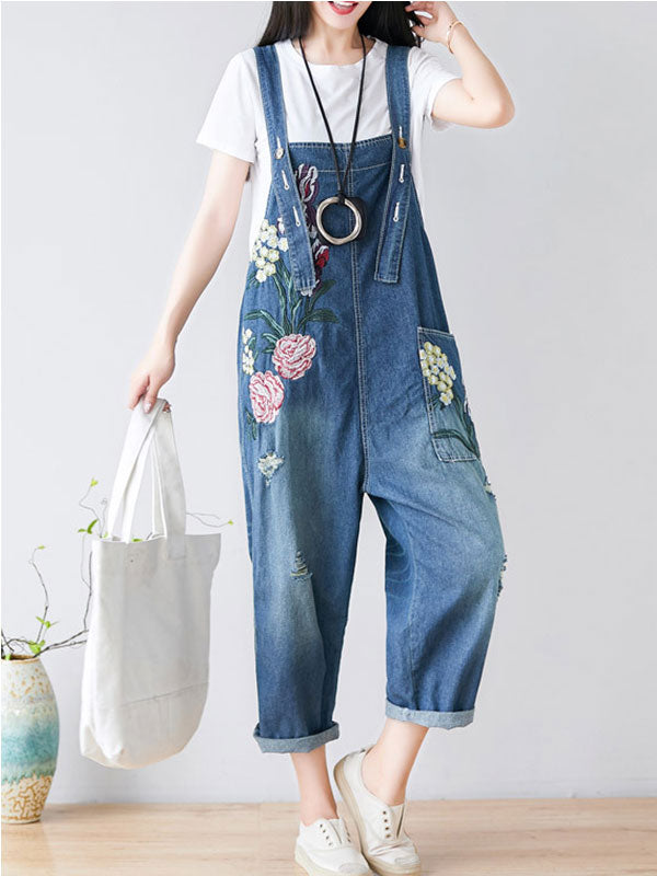 Dungarees cotton denim ripped jeans floral vintage retro style overall